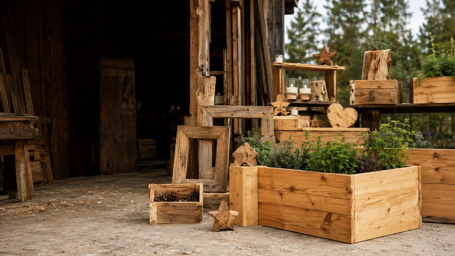 Pflanzkübel, Bilderrahmen und Holzdekoration vor einer Werkstatt