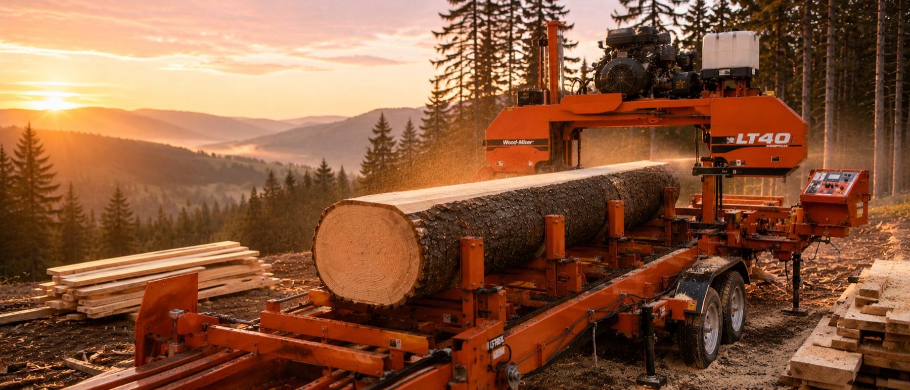 Mobiles Wood-Mizer-Sägewerk beim Einschnitt eines Stamms im Sonnenaufgang über dem Osterzgebirge